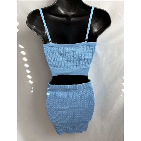 Fashionnova Take Notice 3 Piece Light Blue Knit Set Cardigan Top Skirt Cute S - Picture 5 of 12